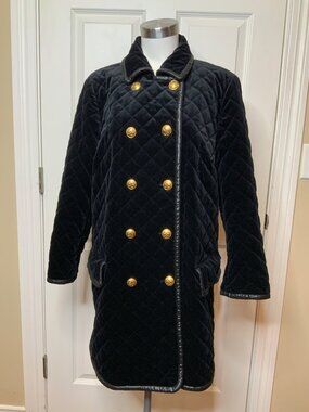 Escada Vintage Black Velvet Gold Button Diamond Quilted Jacket, Size 6 | 42